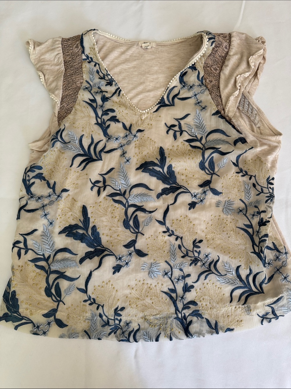 Tiny (Anthropologie) Beige Floral Embroidered V-Neck Tank Top with Navy Accents